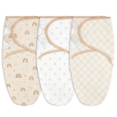 SANDJEST rainbow baby swaddle promoting cozy, secure nap time.