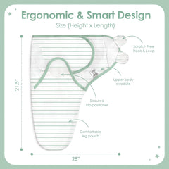 SANDJEST baby-swaddle stripe-on-baby demonstrates breathable comfort for day and night.