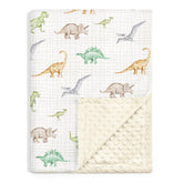 SANDJEST Dinosaur blanket front view showcases soft muslin fabric for gentle skin contact.