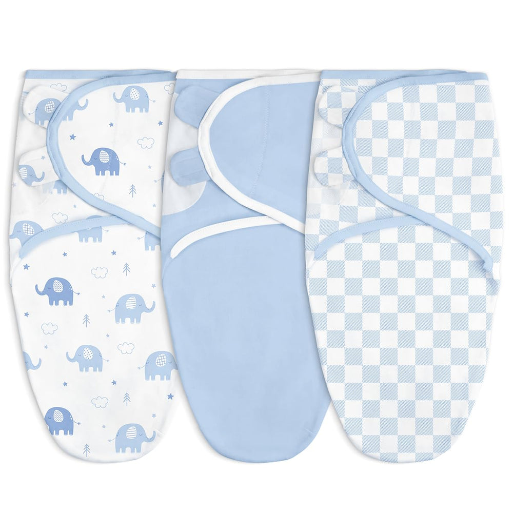 SANDJEST elephant-checkered blue swaddle in pack of 3 provides cozy newborn sleep support.