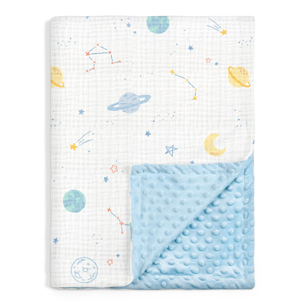 SANDJEST outer-space-blanket-boy-crib shows a soft dual-fabric crib blanket for crib comfort.