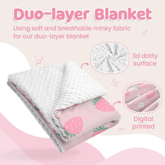 SANDJEST Strawberry Minky Blanket back dotted texture — gentle baby comfort.