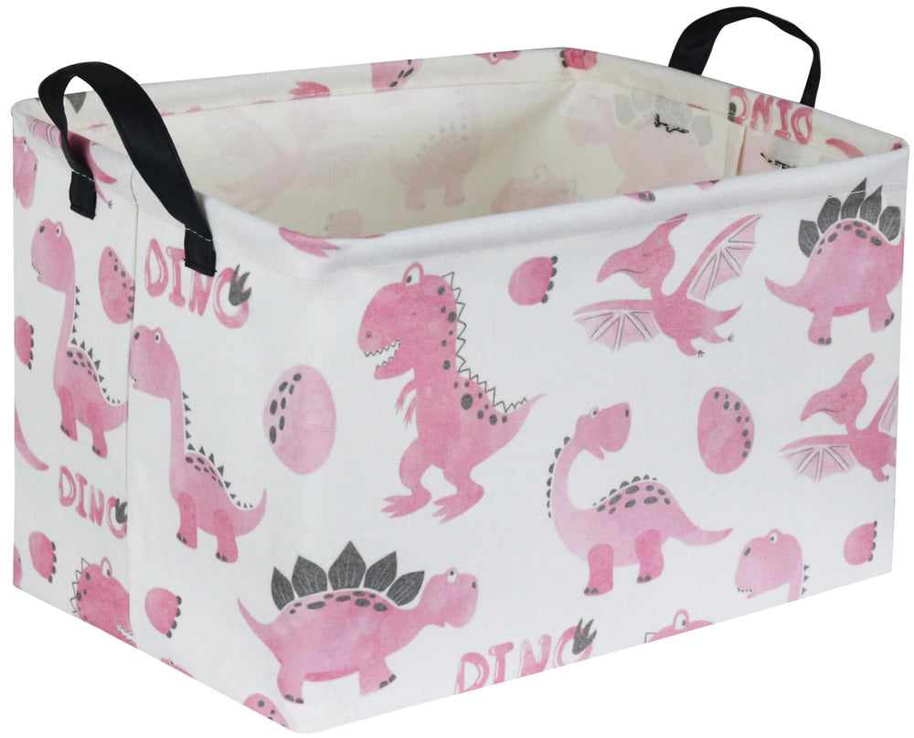Sanjiaofen pink dinosaur basket front view with sturdy leather handles for easy carrying.