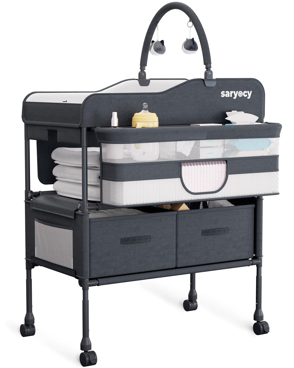 Saryocy changing table assembly shows sturdy frame and waterproof surface