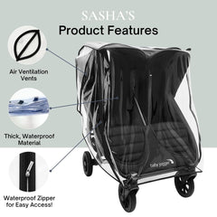 SASHA'S Double Rain and Wind Cover front view enables full view of child during sudden showers.