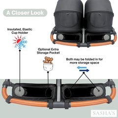 Sasha's double stroller organizer uses reinforced structure for daily durability.