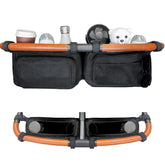 Sasha's double stroller organizer fits Zoe Twin securely for calm strolls.