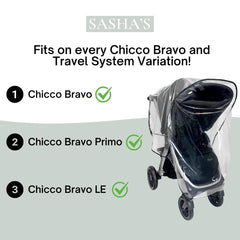 SASHA'S rain cover for Chicco Bravo Trio keeps supervision easy with see-through material.