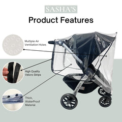 SASHA'S rain cover features side ventilation holes for breathable comfort.