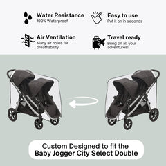 SASHA'S rain cover shown in a rainy-day stroller scene.