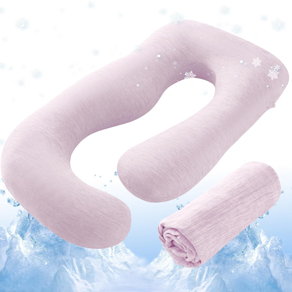 Sasttie cooling pregnancy pillow cover on pink 57-inch pillow, ultra-soft fabric for soothing comfort