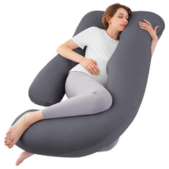 Sasttie u-shaped pregnancy pillow shows ergonomic design supporting shoulders and back for comfortable sleep.