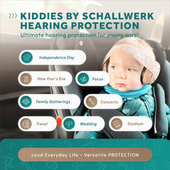 Schallwerk Mini+ infant wearing ear muffs in a crowd protecting ears
