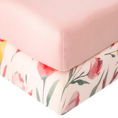 SDIII 2-pack pink floral crib sheets pack shot showing soft microfiber for baby comfort.