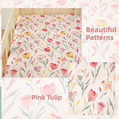 SDIII pink floral crib sheets on a baby’s mattress illustrating breathable, comfy sleep surface.