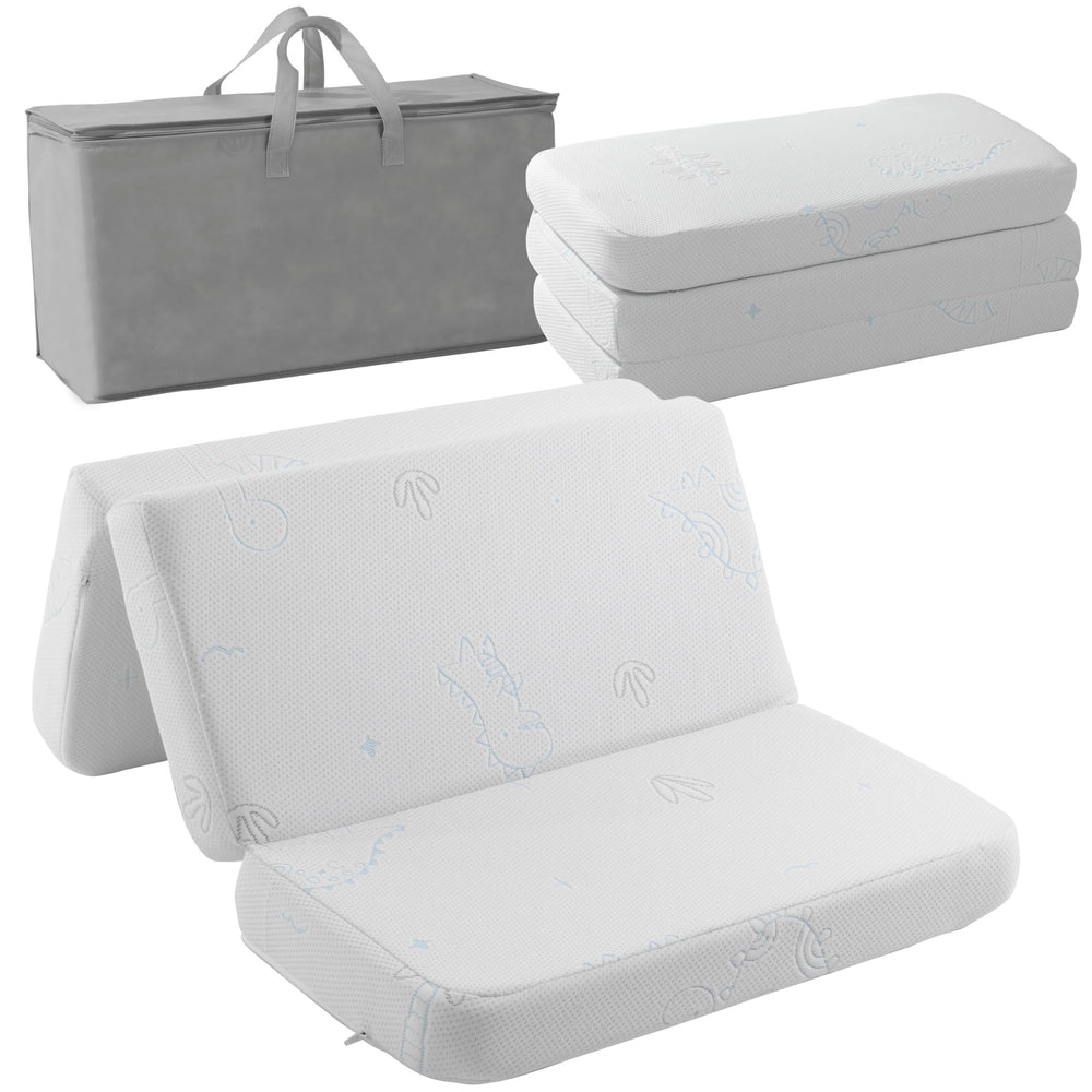 Seaaimea trifold crib mattress folded for compact storage and easy travel.