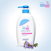Sebamed Baby Gentle Wash bottle pour highlights gentle cleansing for newborns.