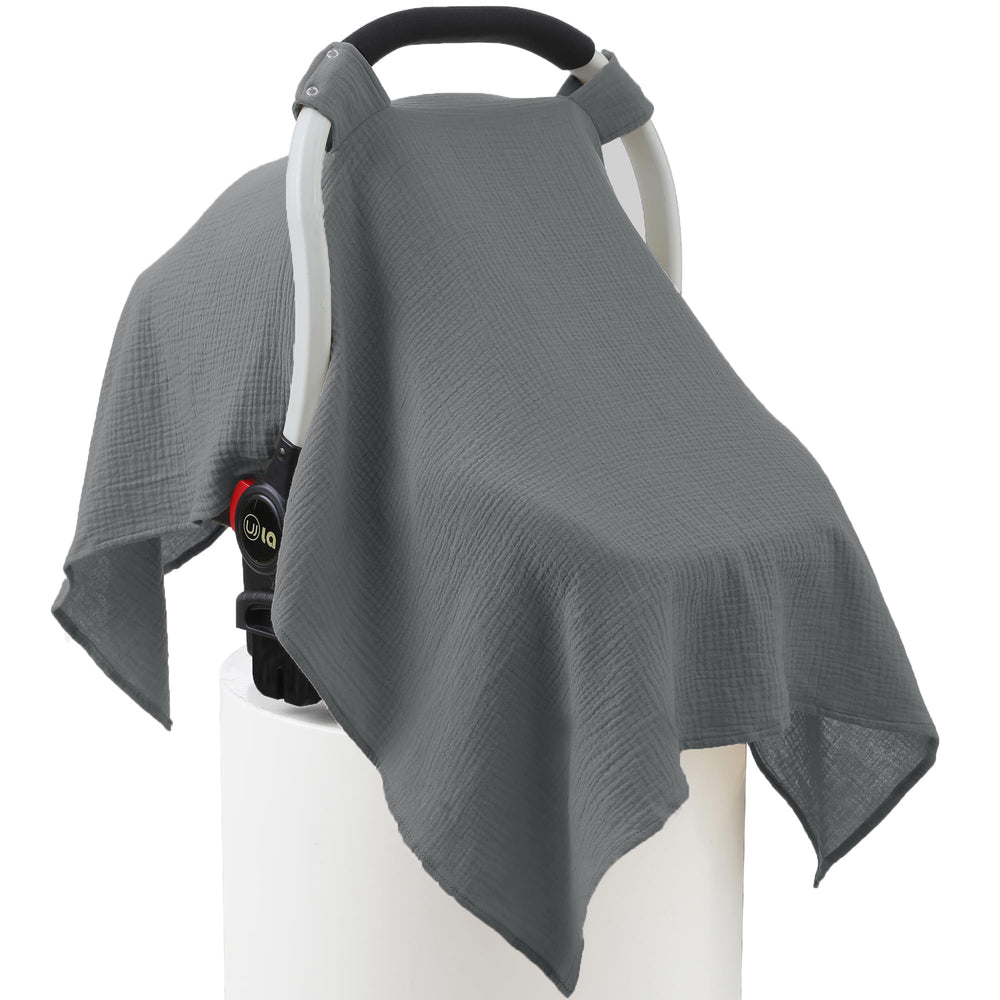 Seejoy muslin cotton car-seat cover gray with soft breathable fabric for baby comfort.