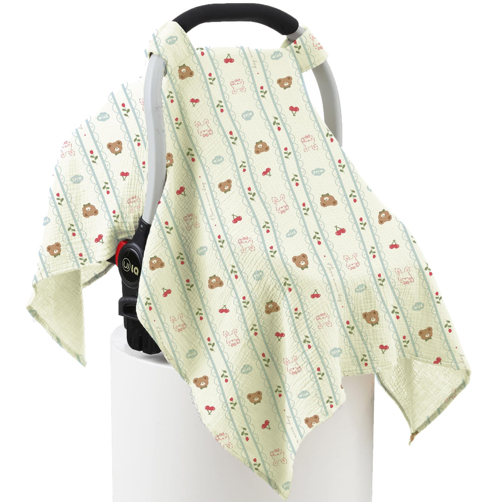 Seejoy muslin cotton car seat cover provides soft, breathable comfort for baby on the go.