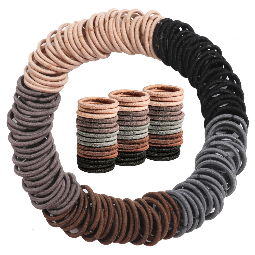Seiolieliou 200pcs elastic hair ties pack in neutral colors for versatile kid hairstyles.