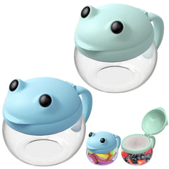 SELEWARE No Spill Snack Cups with green handle; mess-free snacking for toddlers on the go