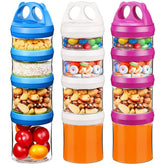 SELEWARE portable stackable snack containers in blue, red, and white for on-the-go snacking