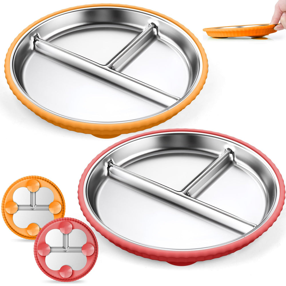 Semloo stainless steel kids plates with suction cups reduce spills on tables