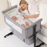 Semphis baby bassinet gray sidebed view highlights bedside accessibility for night feeds.