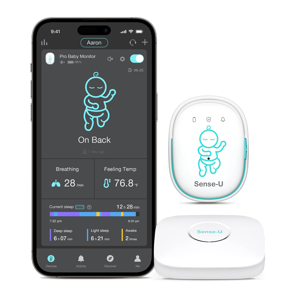 Sense-U Pro clips on a diaper to monitor breathing and movement cues for safer sleep.