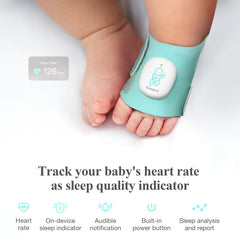 Sense-U Smart Sock is worn on a baby’s foot for sleep tracking.