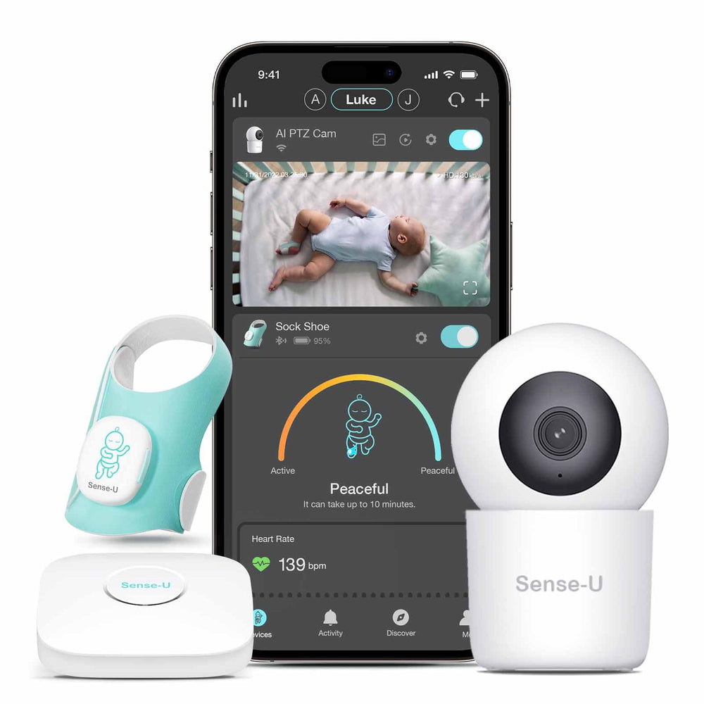 Sense-U smart sock shoe demonstrates wearable baby monitoring for sleep tracking at home.