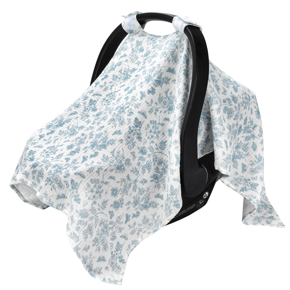 SERAPHY baby car seat cover in blue flowers offering full coverage and privacy.