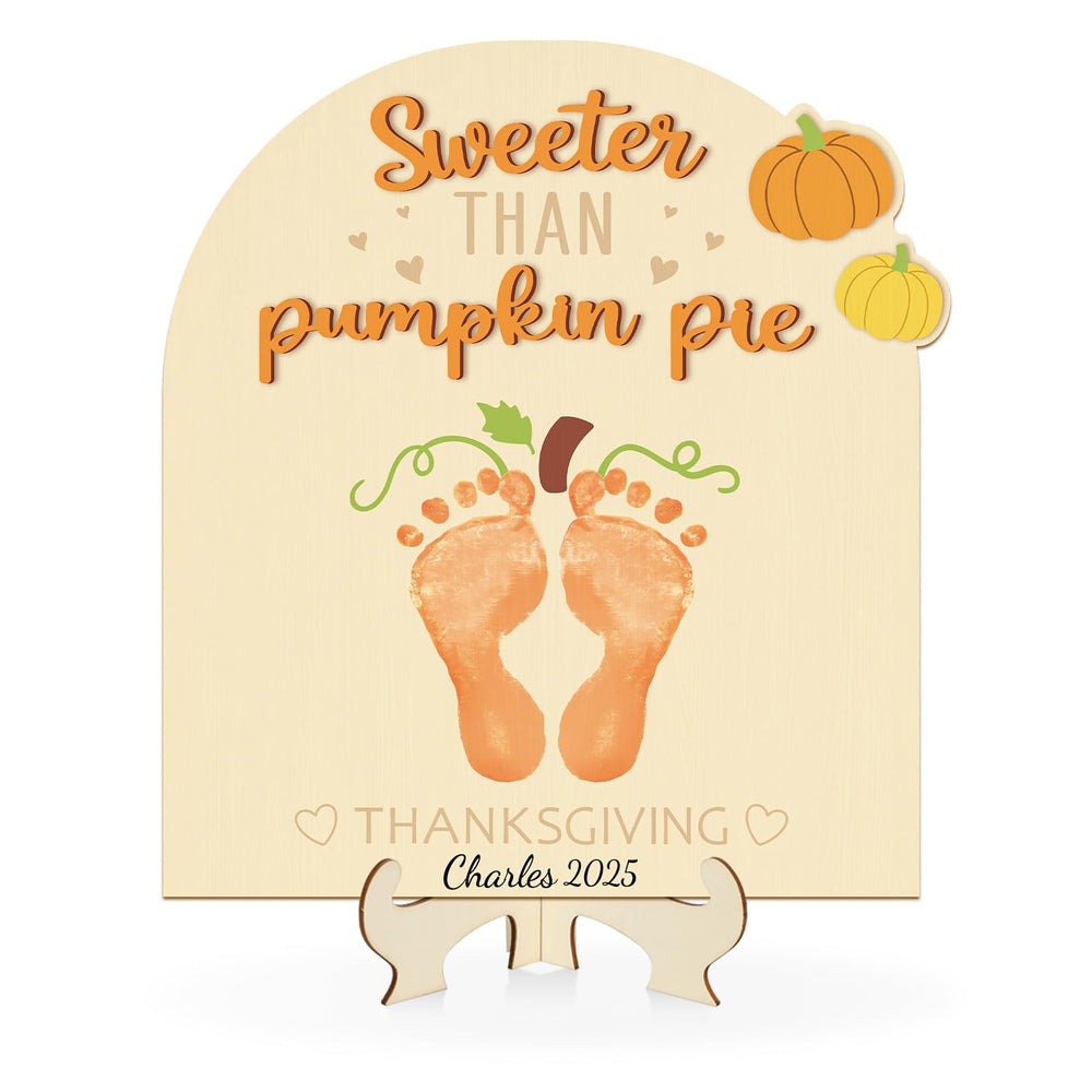 Sereliy baby's first Thanksgiving footprint sign with pumpkin layout for newborn photos