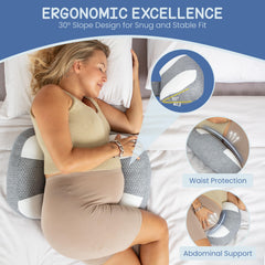 Serene Haven Plus Sized Pregnancy Pillow 30-degree-slope demonstrates stable side-sleep support.
