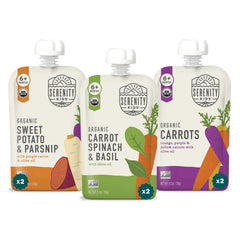 Serenity Kids 6+ Months veggie pouch pack offers convenient organic baby nutrition.