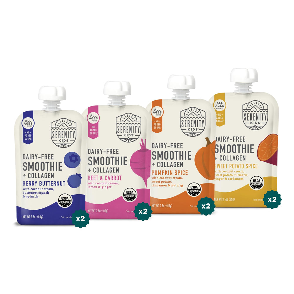 Serenity Kids 6+ months dairy-free smoothie pouch packaging shows BPA-free safety for on-the-go feeding.