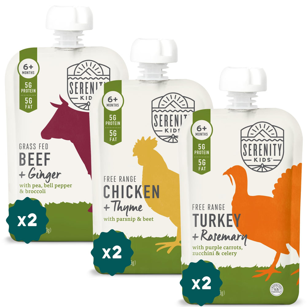 Serenity Kids 6+ months pouch packaging for convenient, on-the-go baby meals.