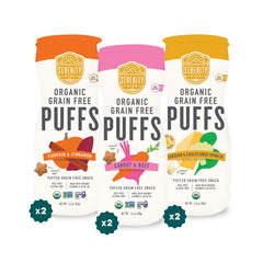 Serenity Kids baby puffs variety pack canister—grain-free, organic toddler snacks for on-the-go feeding.