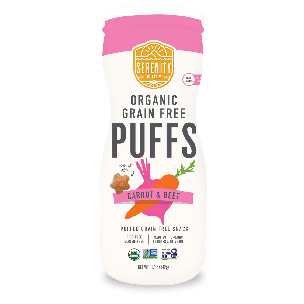 Serenity Kids carrot-beet puffs packaging highlighting gluten-free allergen-safe snack for toddlers.