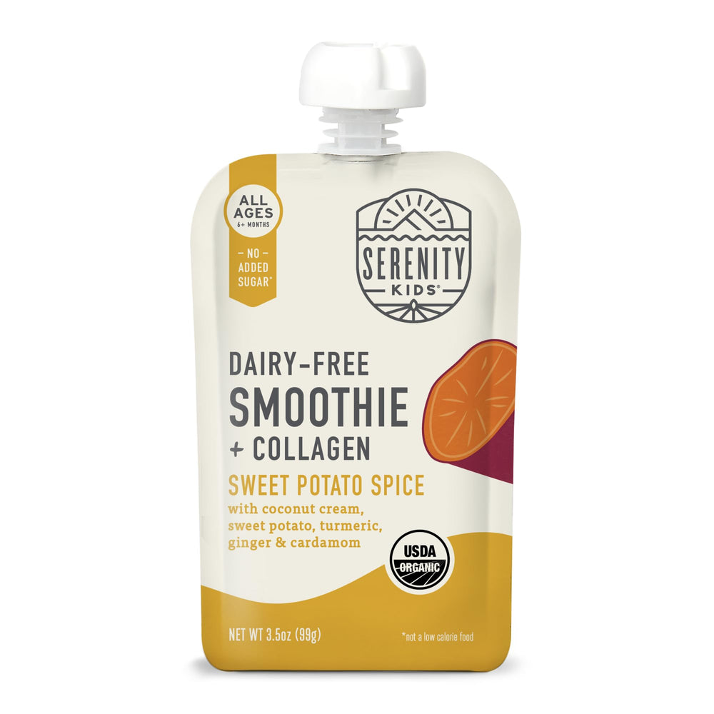 Serenity Kids dairy-free smoothie pouch front view for on-the-go toddler snacking.