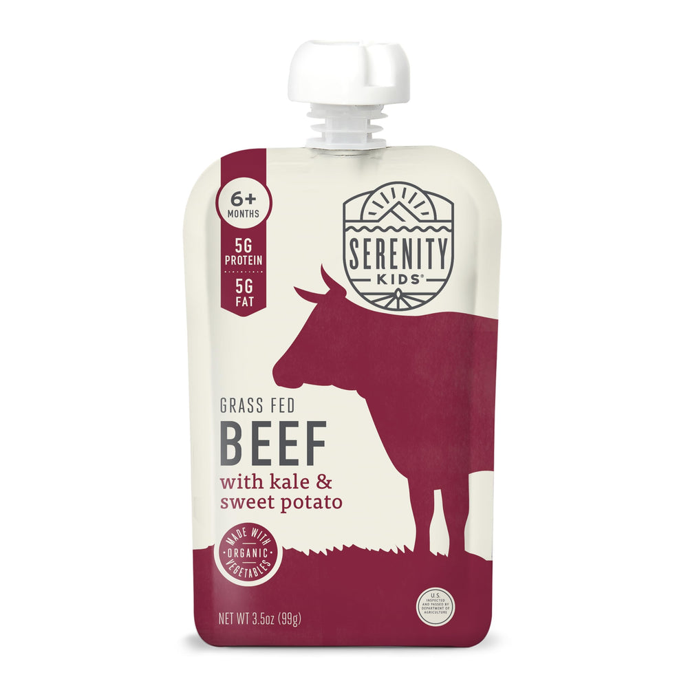 Serenity Kids grass-fed beef pouch closeup highlighting protein-rich baby meal