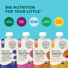 Serenity Kids organic dairy-free smoothie pouch offers USDA Organic formula for clean nutrition.