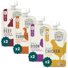 Serenity Kids pouches front label highlights protein-rich meals for growing babies.