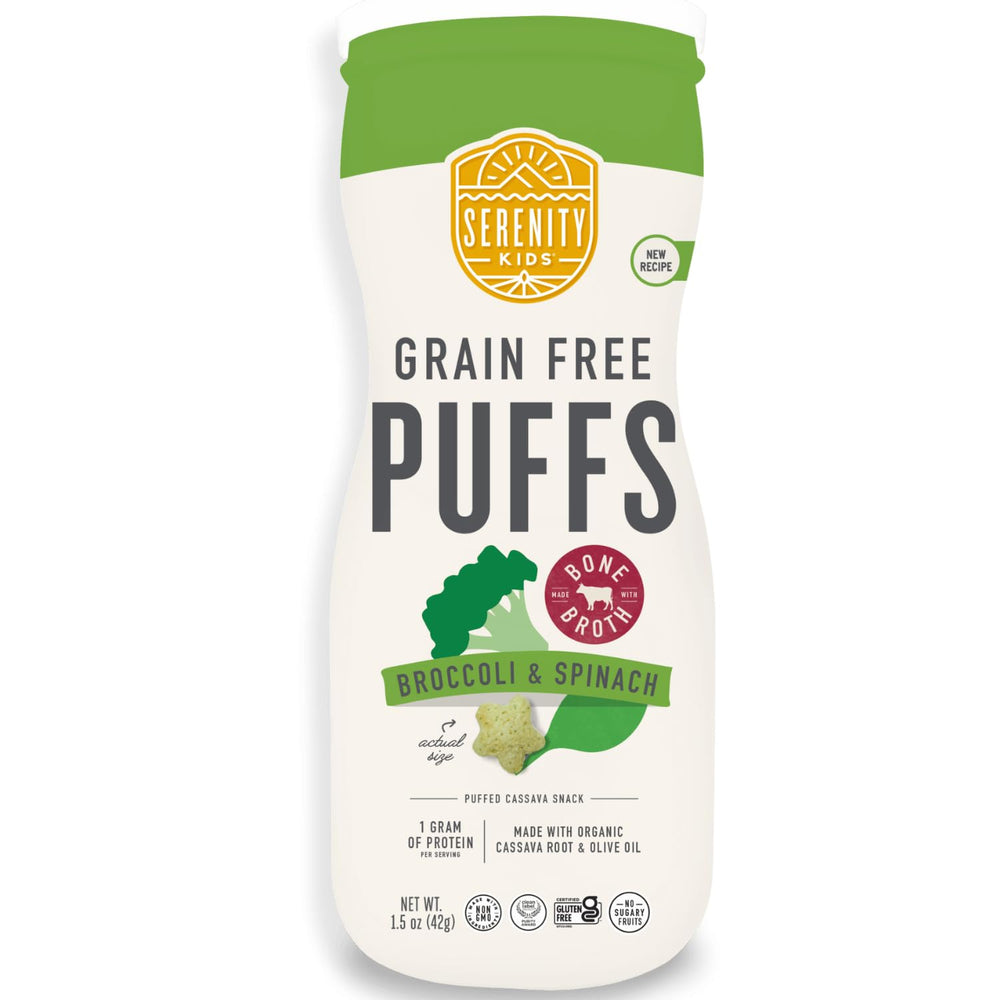 Serenity Kids broccoli and spinach puffs—savory, kid-friendly snack.