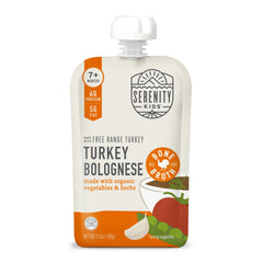 Serenity Kids turkey bolognese pouch open for toddler feeding with high-protein convenience