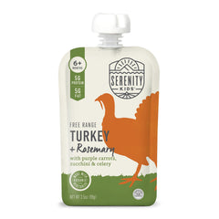 Serenity Kids turkey puree pouch closeup highlighting savory flavor for on-the-go feeding.