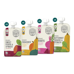 Serenity Kids veggie puree pouch on-the-go snack with balanced nutrition.