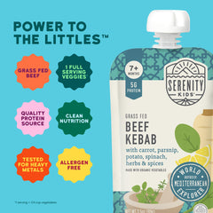 Serenity Kids beef kebab ingredients showcase grass-fed beef and organic veggies.