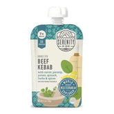 Serenity Kids beef kebab pouch closed—grass-fed beef with veggies, ideal on-the-go toddler snack.