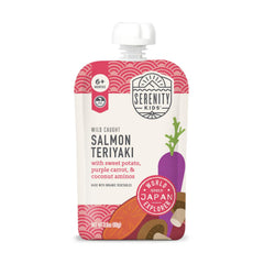 Serenity Kids World Explorers salmon teriyaki pouch front, showing convenient feeding option.